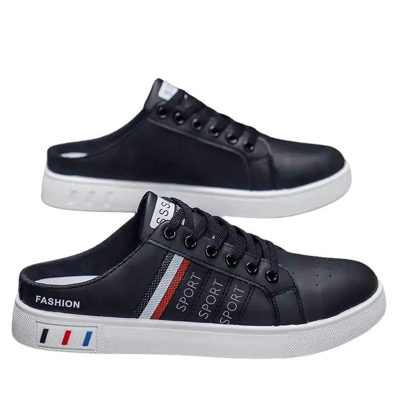 Black leather mule sneakers.
