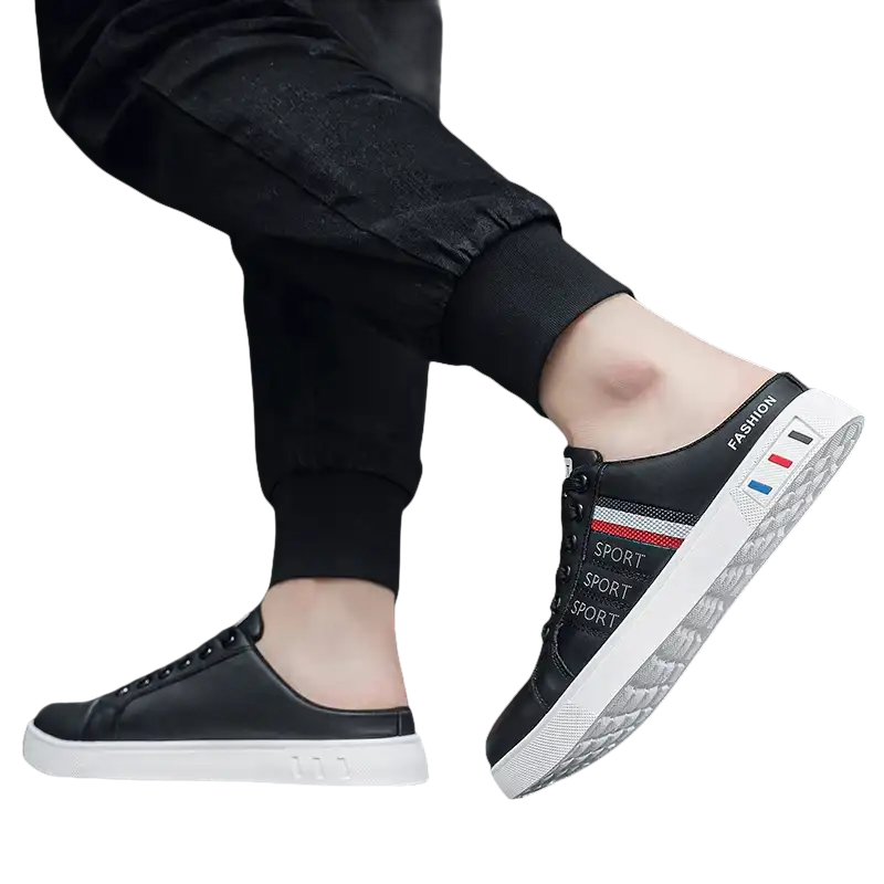 Black and white slip-on sneakers.
