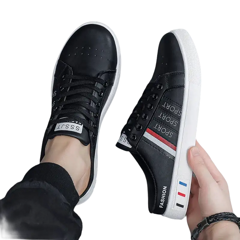 Black and white slip-on sneakers.