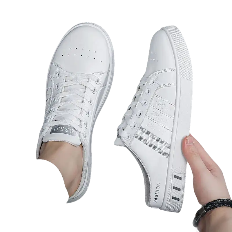 White slip-on sneakers.