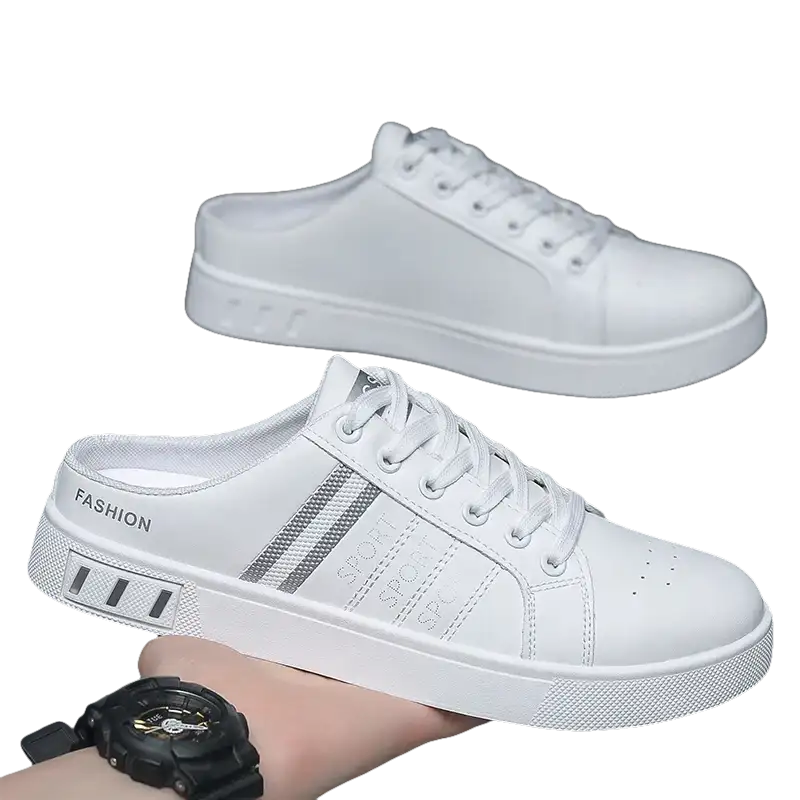 White slip-on sneakers.