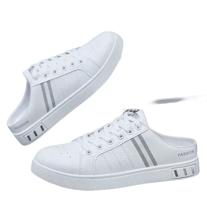 White slip-on sneakers.