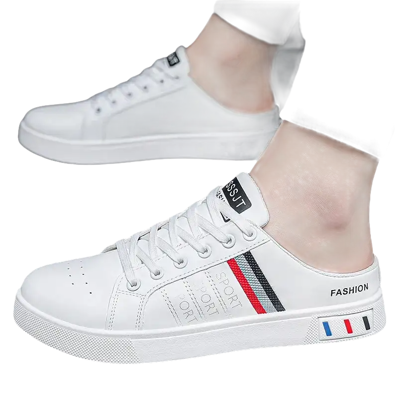 White slip-on sneakers.