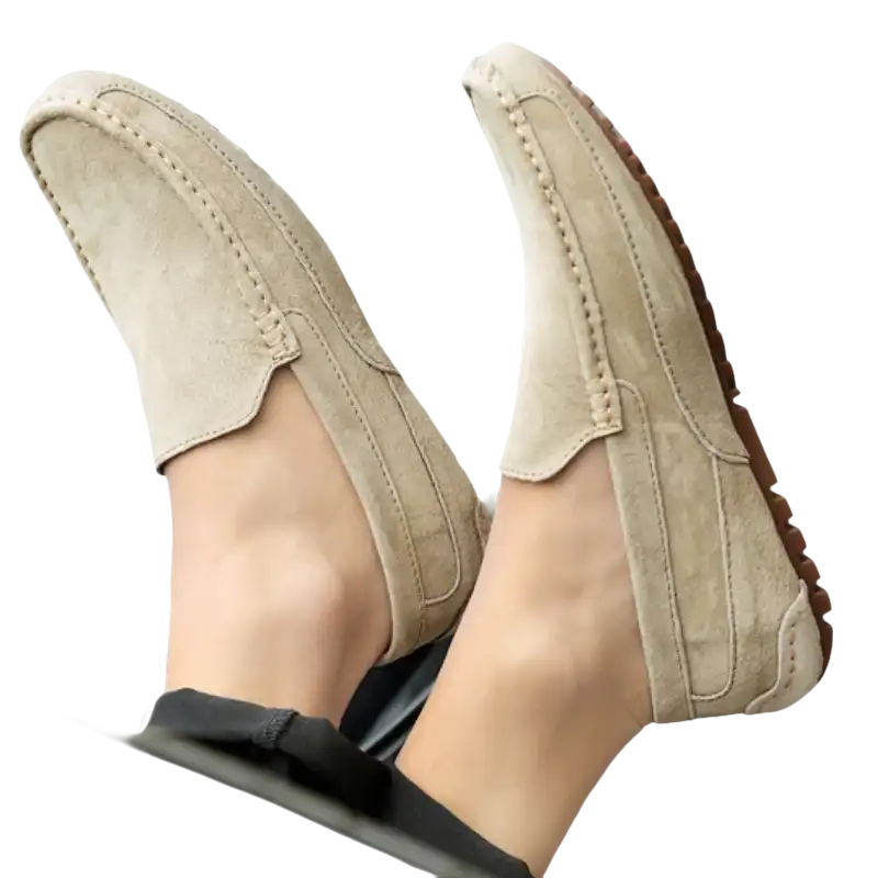 Beige suede driving shoes.