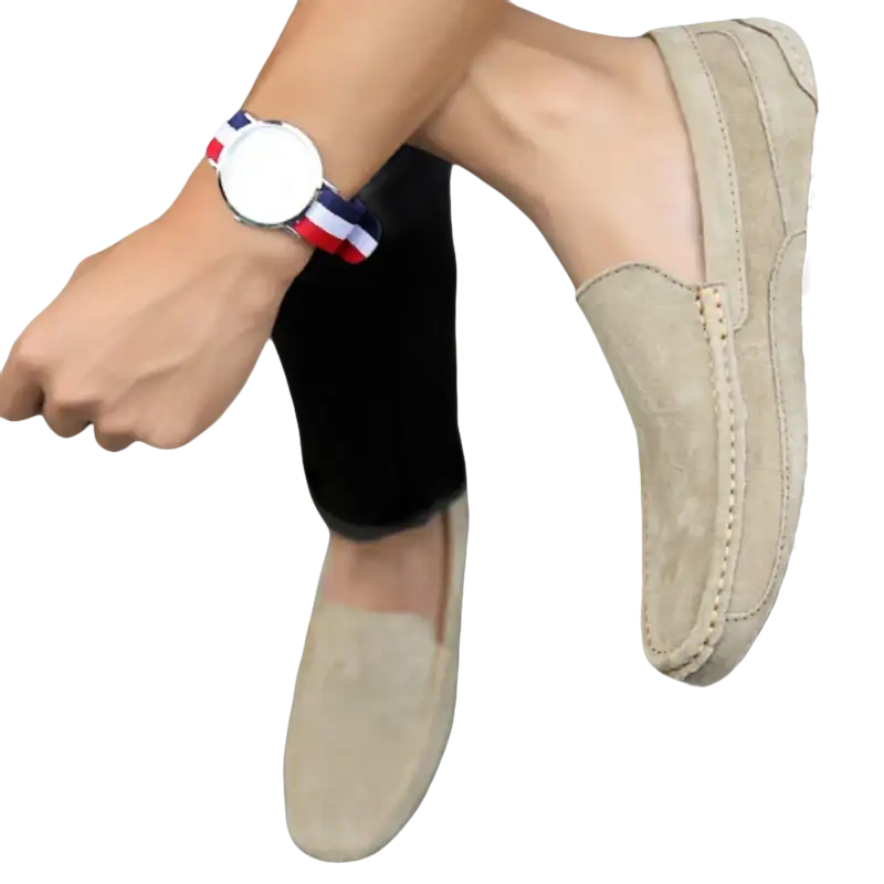 Beige suede loafers.