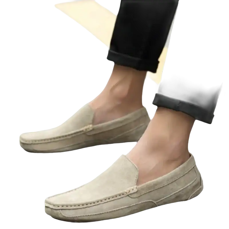 Beige suede loafers.