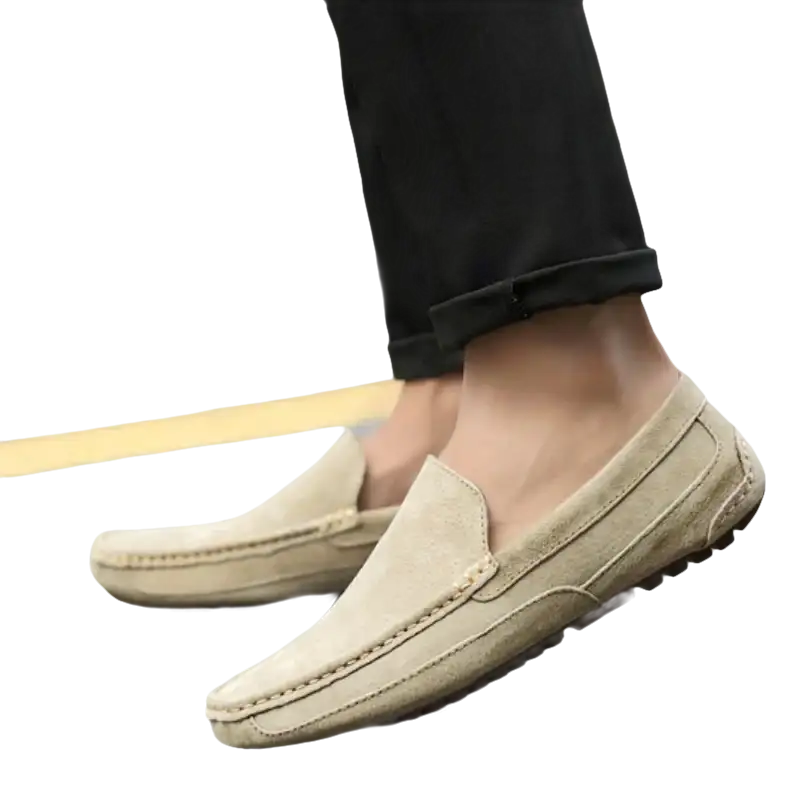 Beige suede moccasins.