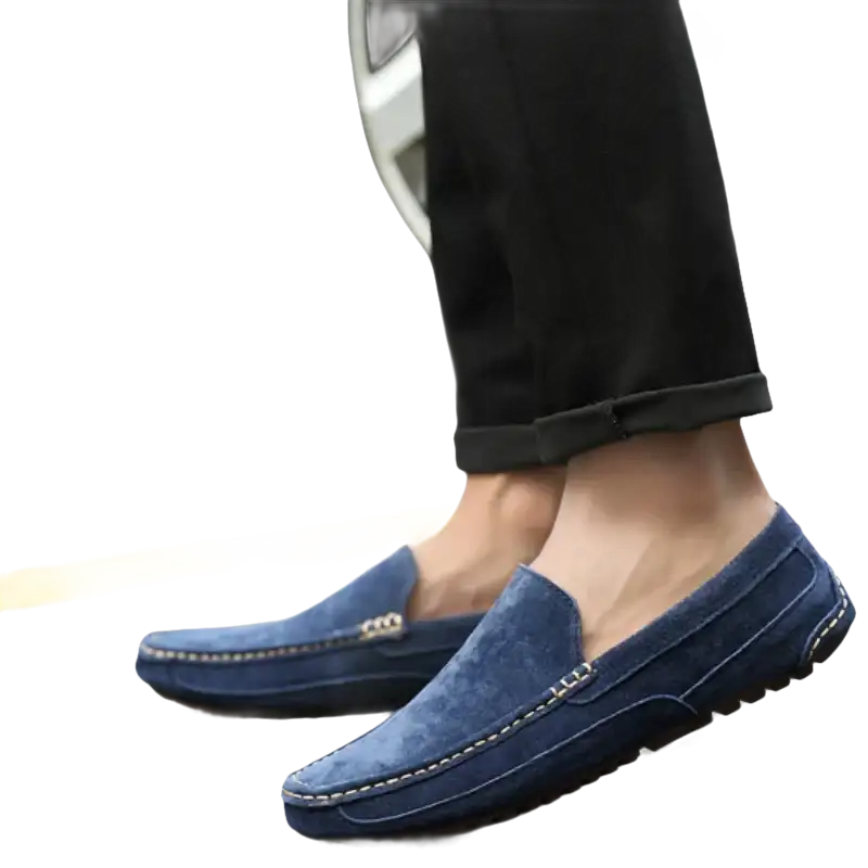 Blue suede loafers.