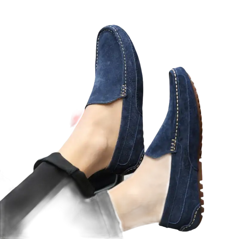 Blue suede driving shoes.