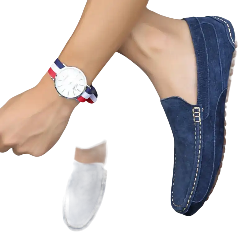 Blue suede loafers.