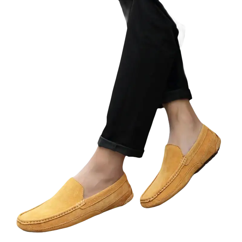 Mustard-colored suede loafers.
