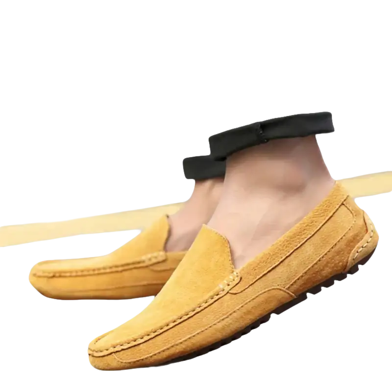 Mustard-colored suede loafers.