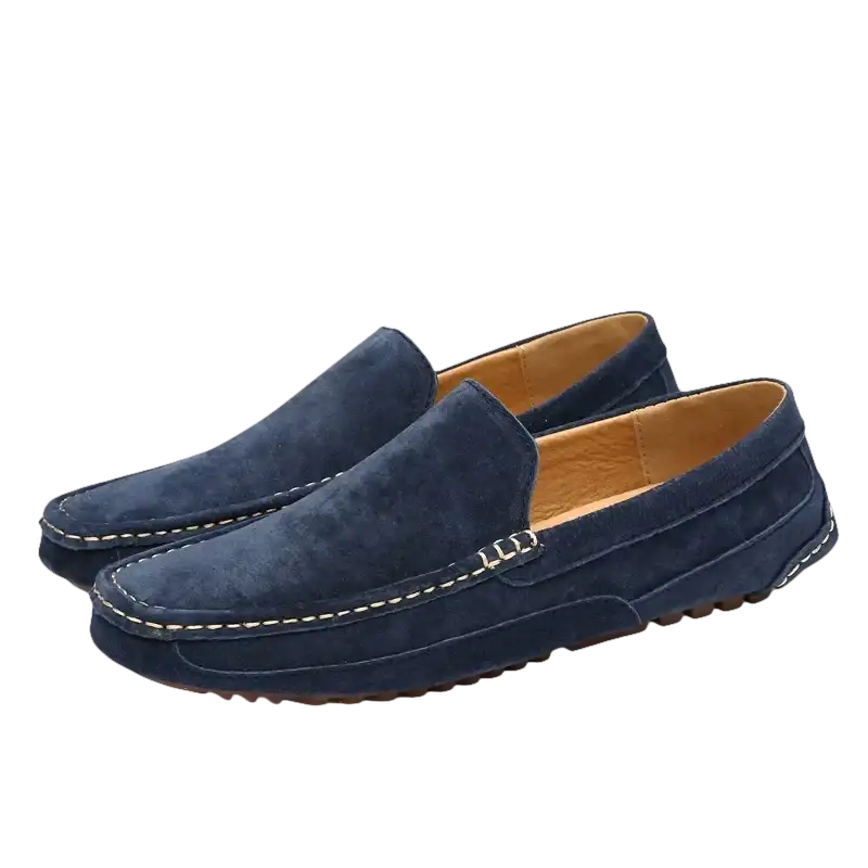 Pair of blue suede loafers.
