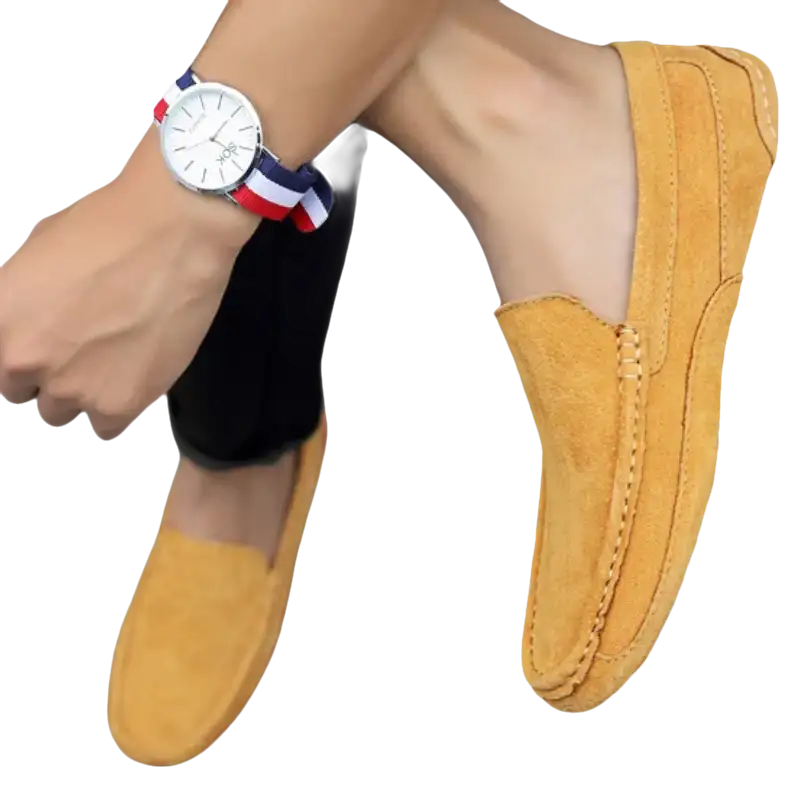 Yellow suede loafers.
