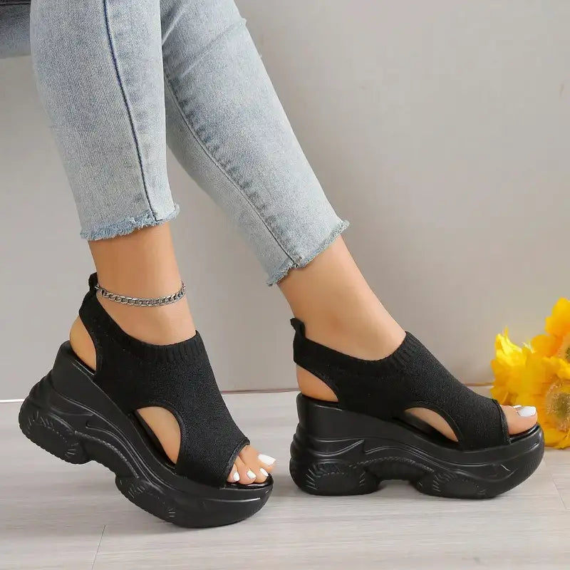 Thick Soled Sandals For Women Summer Mesh Breathable Peep Toe Sloping Heel Sandals Plus Size Sports Walking Mesh Flat