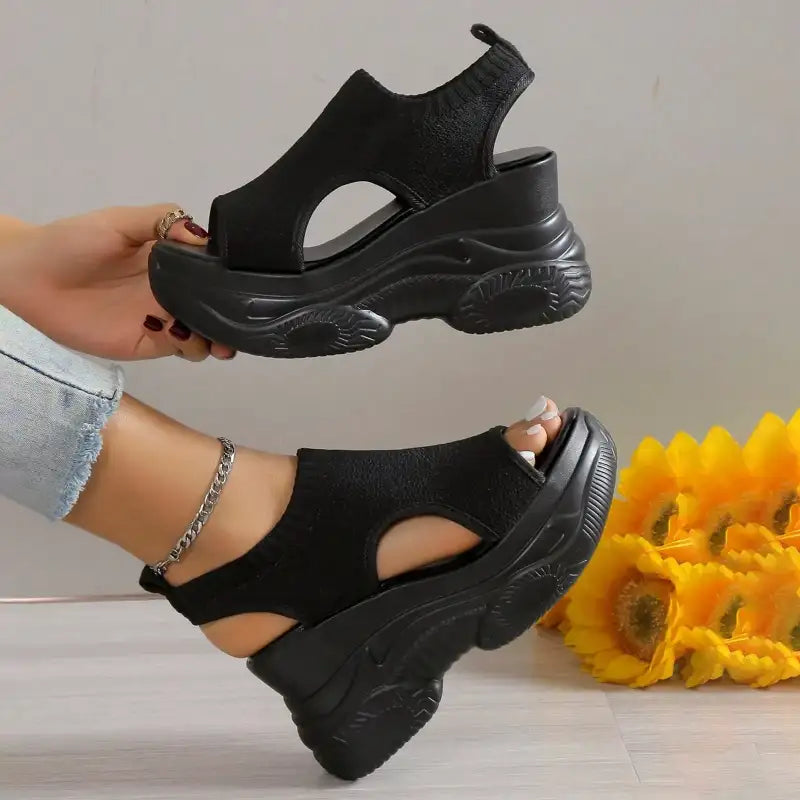 Thick Soled Sandals For Women Summer Mesh Breathable Peep Toe Sloping Heel Sandals Plus Size Sports Walking Mesh Flat