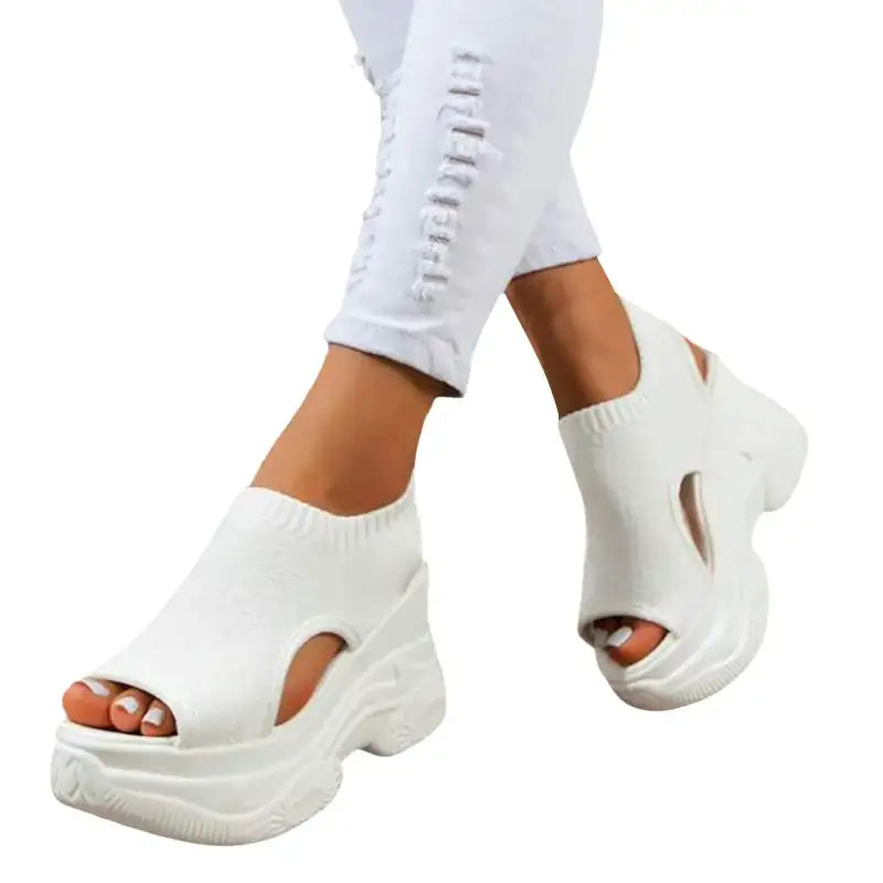 Thick Soled Sandals For Women Summer Mesh Breathable Peep Toe Sloping Heel Sandals Plus Size Sports Walking Mesh Flat