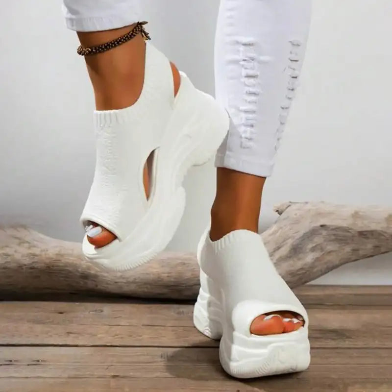 Thick Soled Sandals For Women Summer Mesh Breathable Peep Toe Sloping Heel Sandals Plus Size Sports Walking Mesh Flat