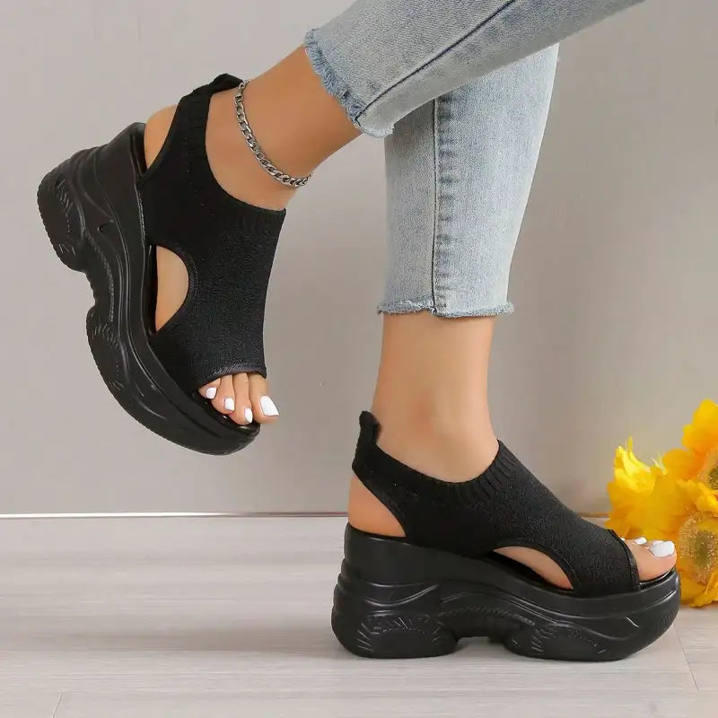 Thick Soled Sandals For Women Summer Mesh Breathable Peep Toe Sloping Heel Sandals Plus Size Sports Walking Mesh Flat