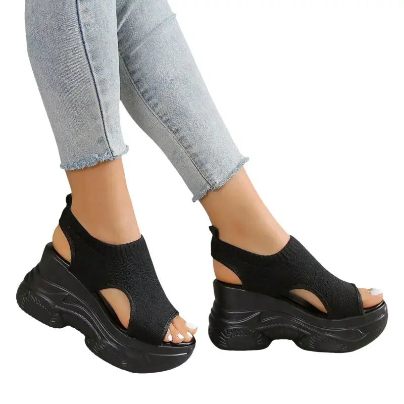 Thick Soled Sandals For Women Summer Mesh Breathable Peep Toe Sloping Heel Sandals Plus Size Sports Walking Mesh Flat