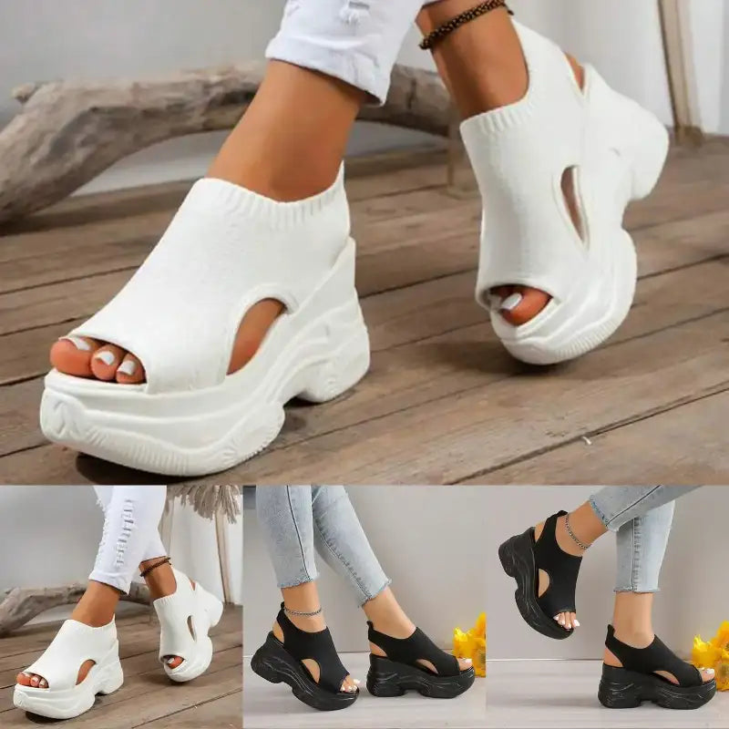 Thick Soled Sandals For Women Summer Mesh Breathable Peep Toe Sloping Heel Sandals Plus Size Sports Walking Mesh Flat
