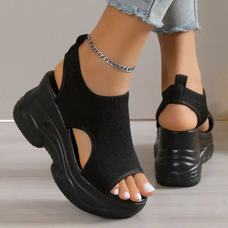 Thick Soled Sandals For Women Summer Mesh Breathable Peep Toe Sloping Heel Sandals Plus Size Sports Walking Mesh Flat