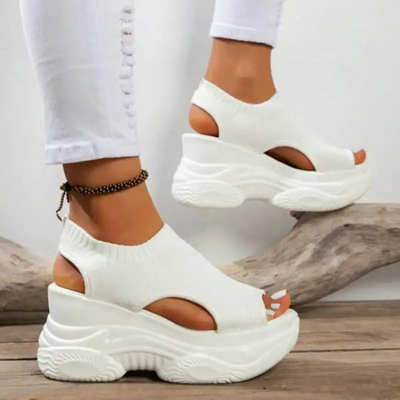 Thick Soled Sandals For Women Summer Mesh Breathable Peep Toe Sloping Heel Sandals Plus Size Sports Walking Mesh Flat