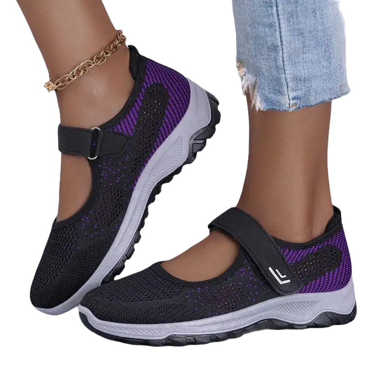 Black and purple Mary Jane sneakers.