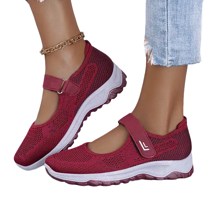 Burgundy Mary Jane sneakers.