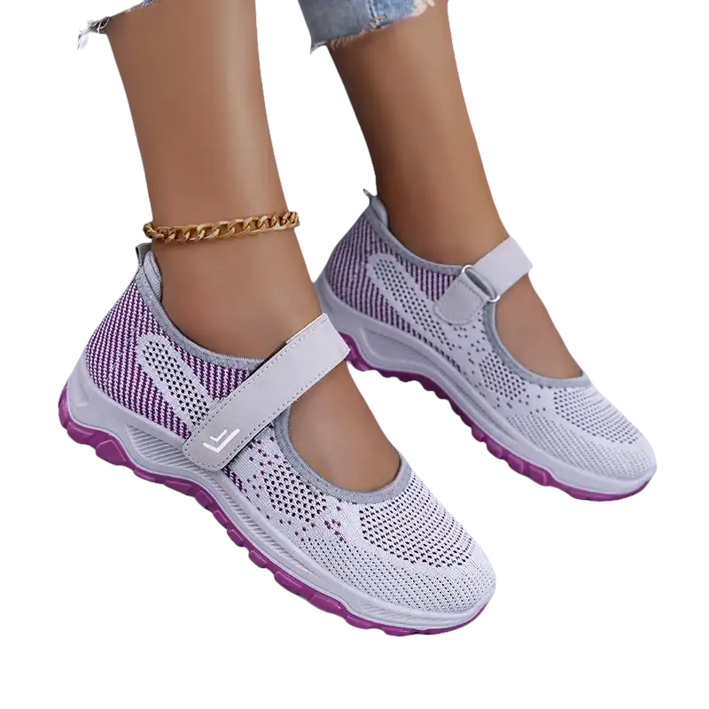 White and purple Mary Jane sneakers.