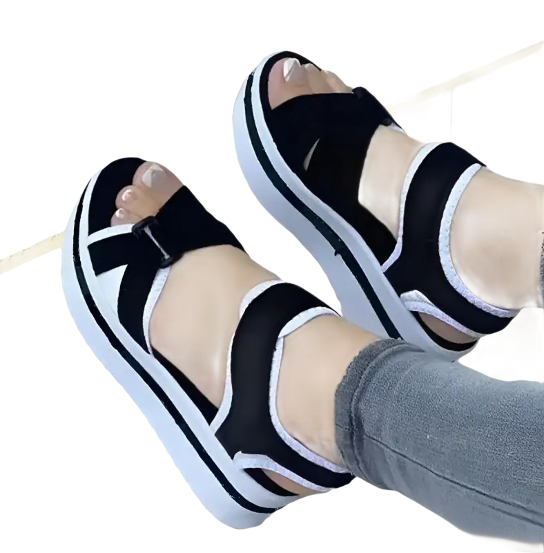 Black and white platform sandals.