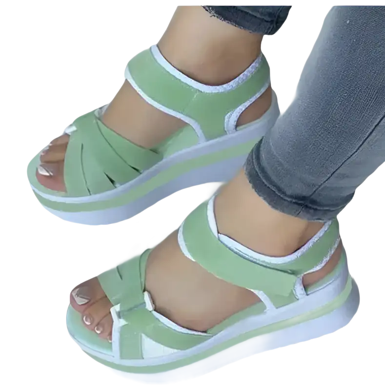 Light green platform sandals.