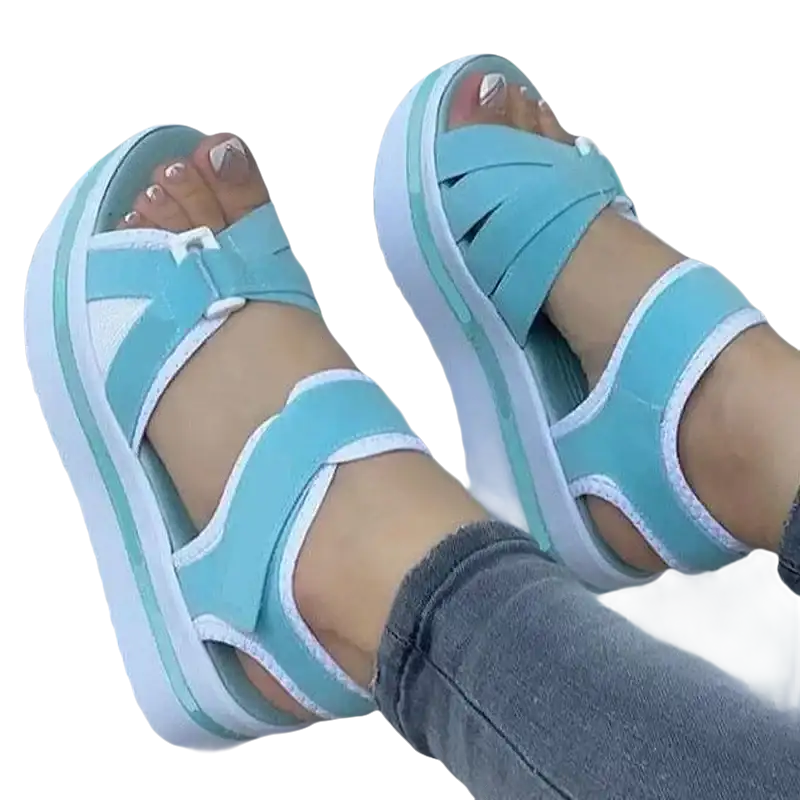 Light blue platform sandals.
