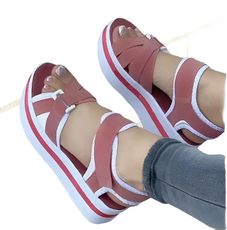 Platform sandals with pink straps.