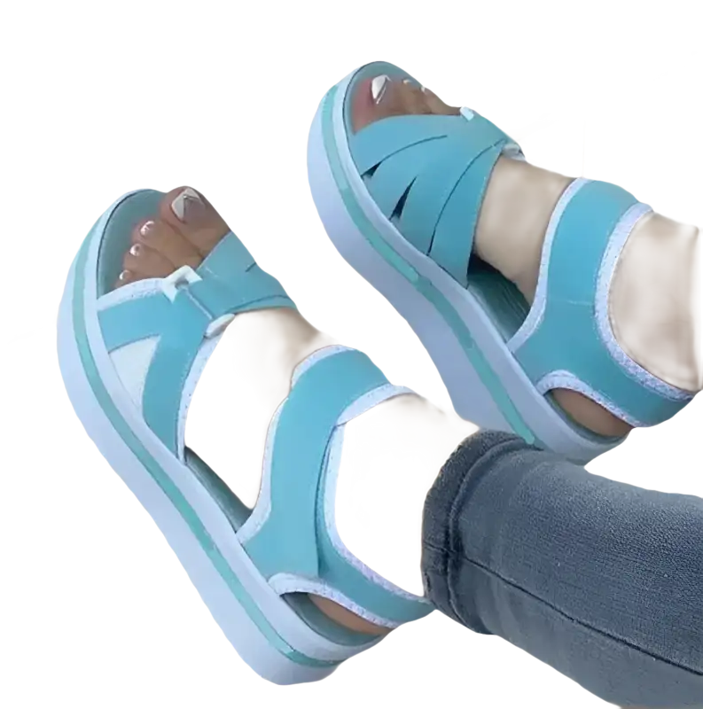 Turquoise and white platform sandals.