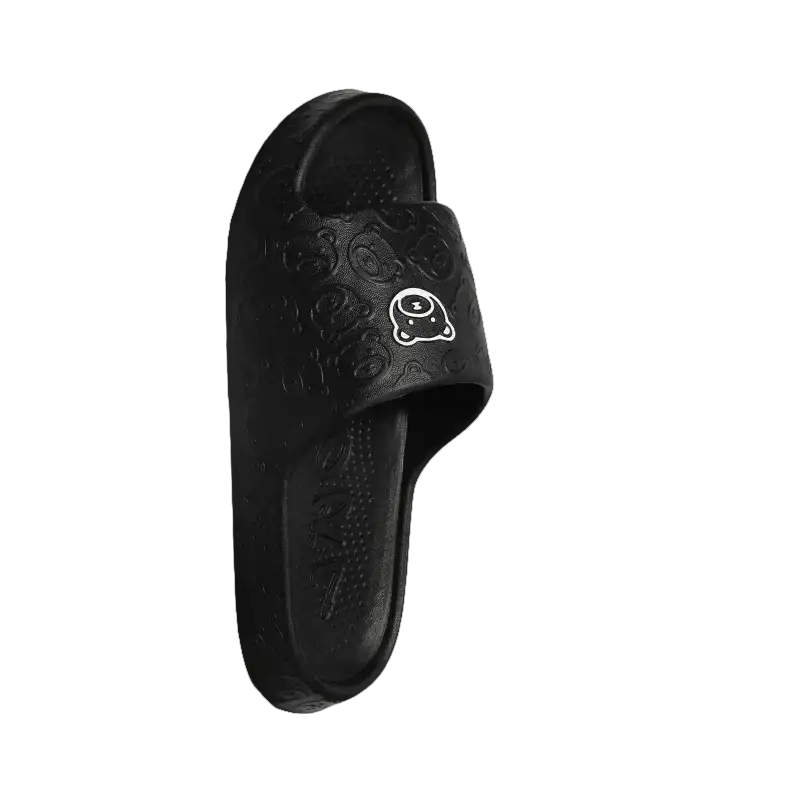 Black slipper with cartoon design.