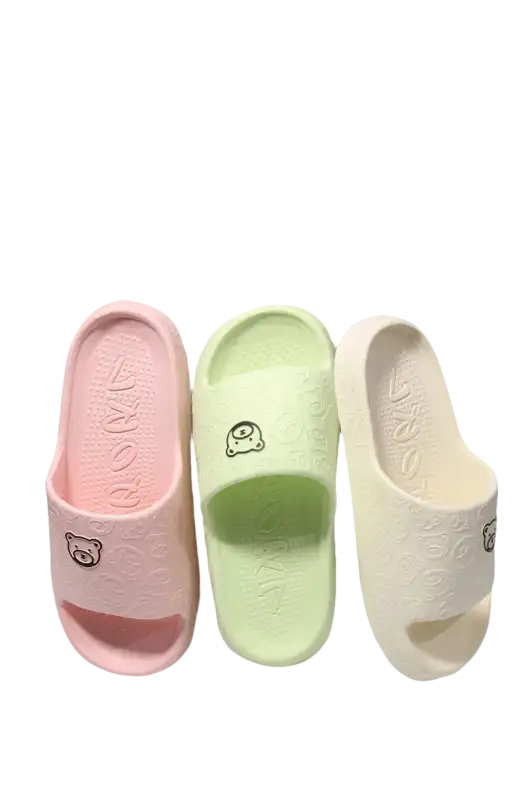 Three colorful cartoon-themed slide sandals.
