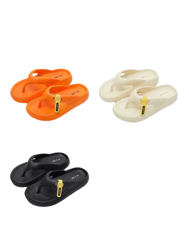 Colorful flip-flops with zipper detail.