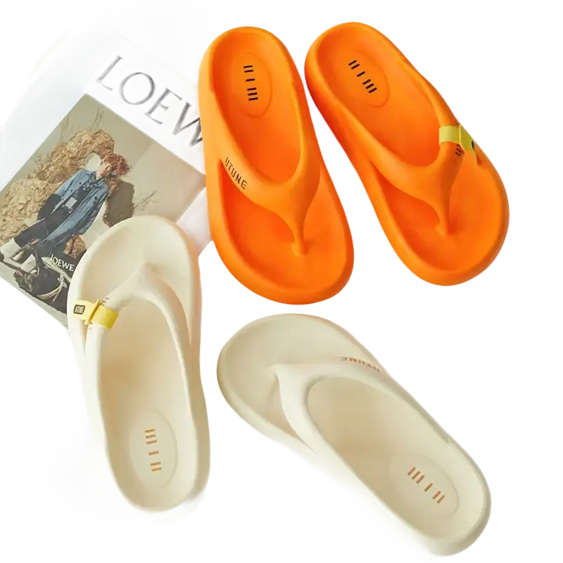 Orange and white flip-flops.