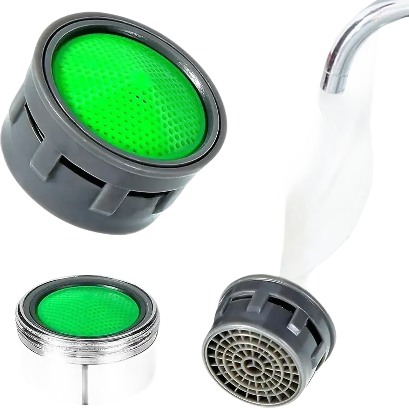 Faucet aerator attachments with green filters.