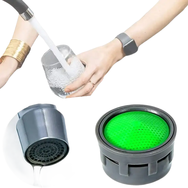 Faucet aerator and flow restrictor.