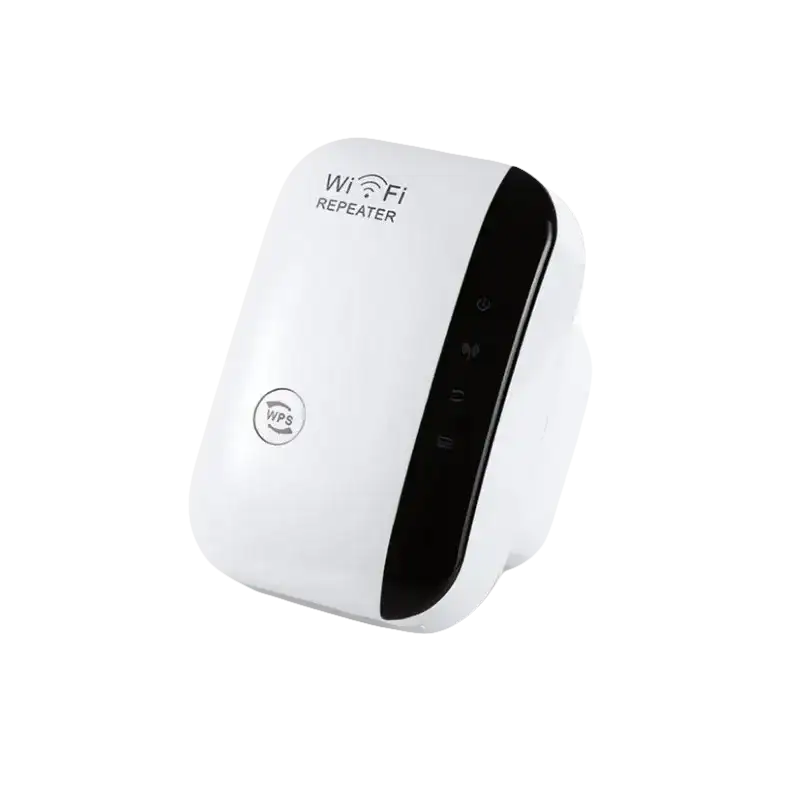 White Wi-Fi repeater with blue signal waves.