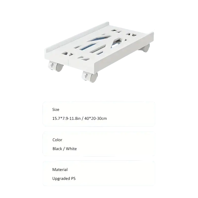 Adjustable computer case stand with wheels.