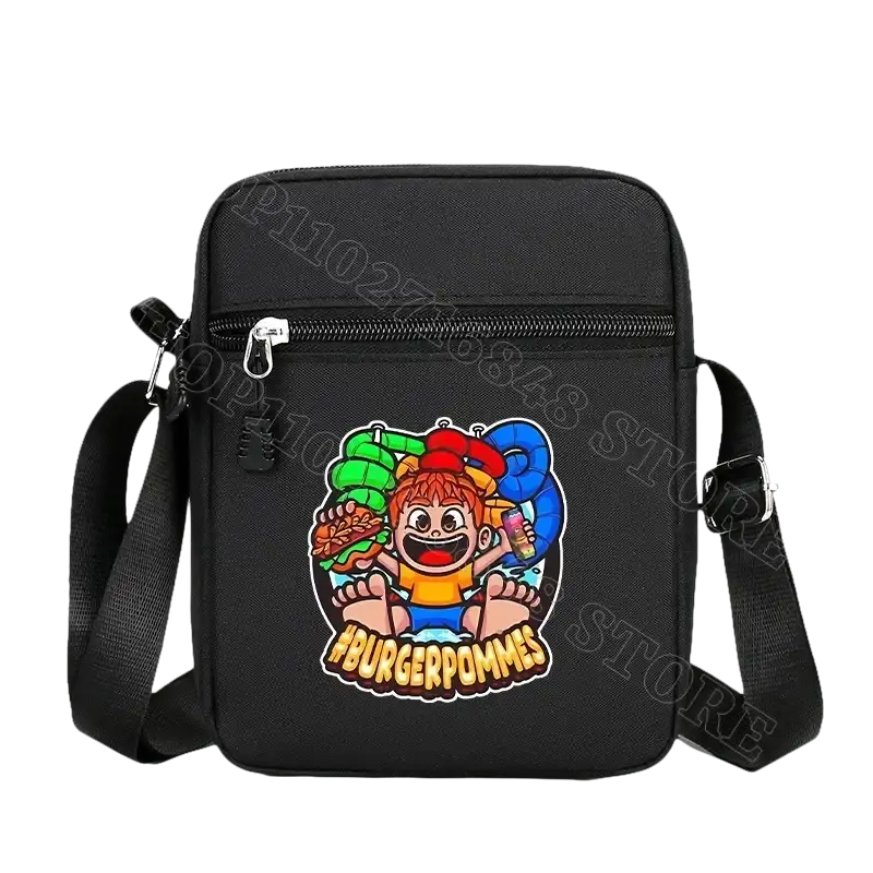 Black crossbody bag with cartoon graphic.