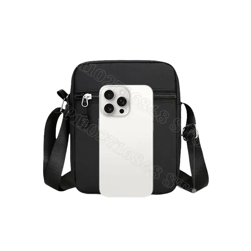 Black crossbody bag with dimensions.