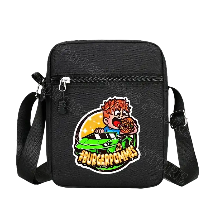 Black messenger bag with cartoon sticker.