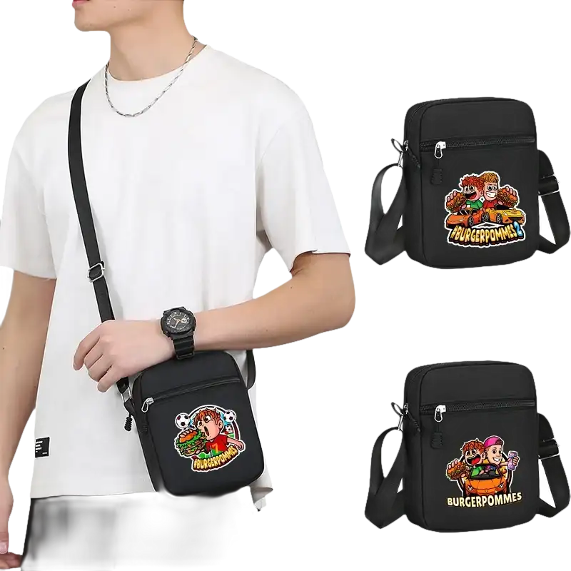 Black shoulder bag with cartoon graphics.