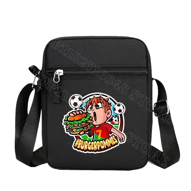 Black shoulder bag with cartoon graphic.