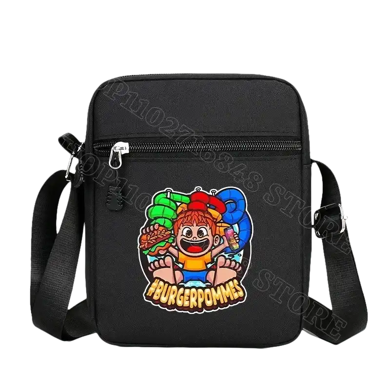 Black messenger bag with cartoon graphic.