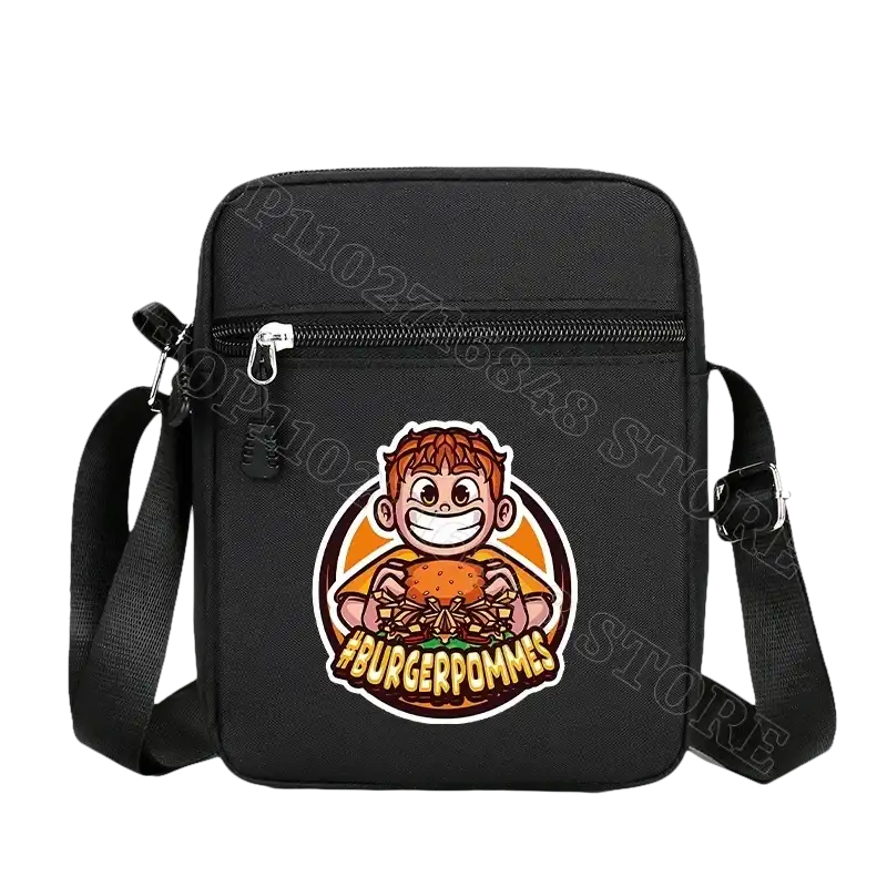 Black shoulder bag with cartoon graphic.